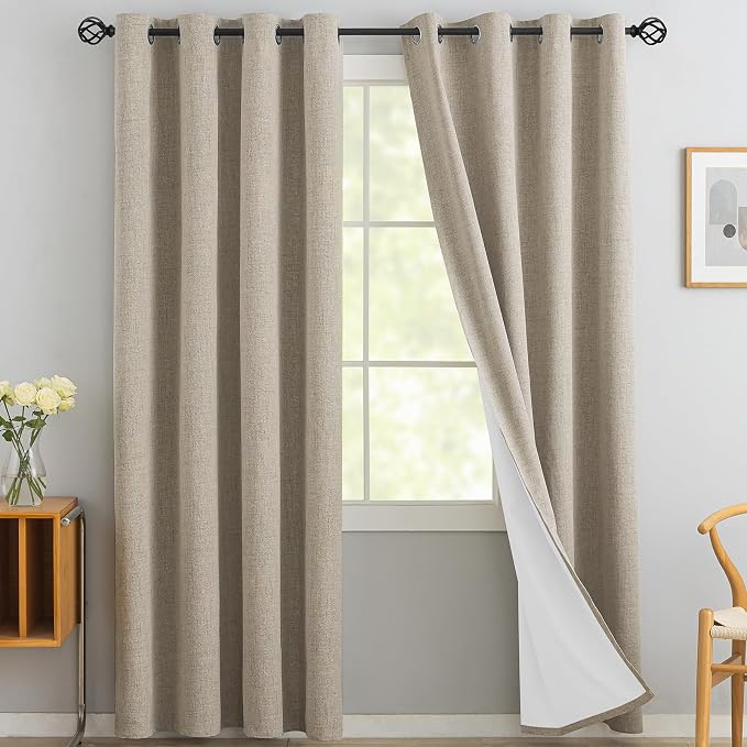 Yakamok Natural Linen Curtains 100% Blackout 96 Inches Long, Room Darkening by Yakamok