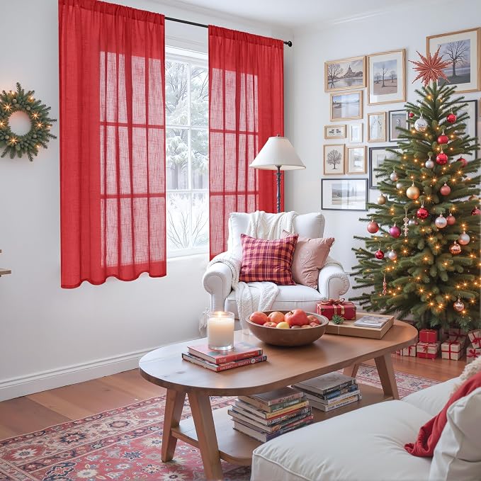 BGment Red Linen Curtains 45 Inch Length - Image 2