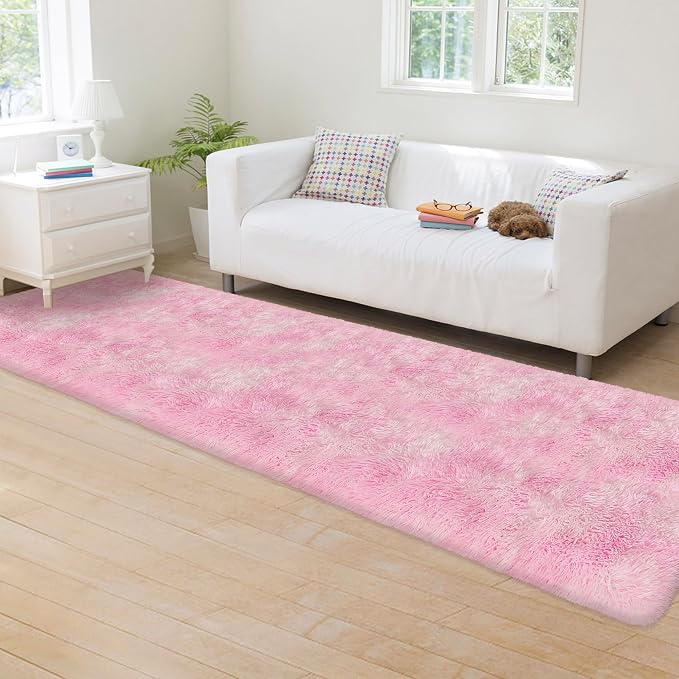 Super Soft Fluffy Living Room Area Rug 2x8 ft Tie-Dyed Light Pink Shaggy Furry - Image 3
