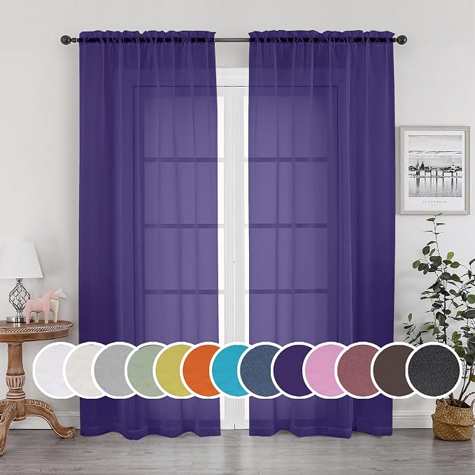 OWENIE Purple Sheer Curtains 63 inch Length 2 Panels Set, Rod Pocket Voile by OWENIE