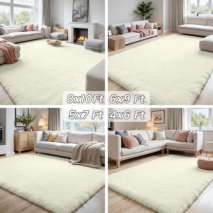 5x7 Area Rugs for Living Room Rug: Soft Fluffy Shag Cream White Rugs for Bedroom - Image 7