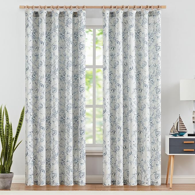 jinchan Floral Curtains 90 Inch Length Blue Flower Linen Farmhouse Curtain - Image 2