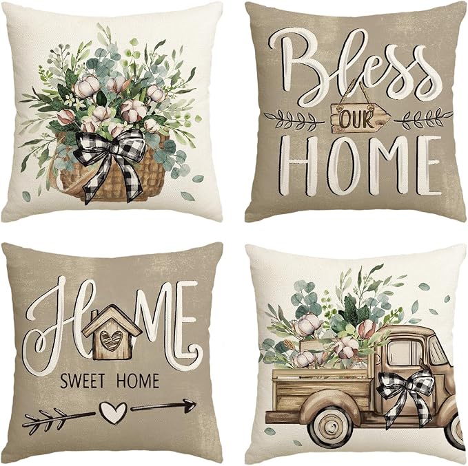 AVOIN colorlife Bless Our Home Farmhouse Eucalyptus Leaves Throw Pillow Covers by AVOINcolorlife