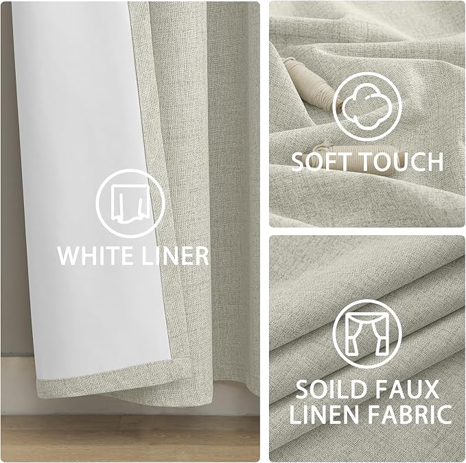 Yakamok Cream Linen Curtains 100% Blackout 90 Inches Long, Room Darkening - Image 6