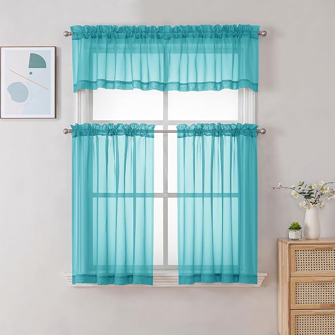 Gwine Turquoise Sheer Curtains 30 Inch Length, Short Light Filtering Voile - Image 2