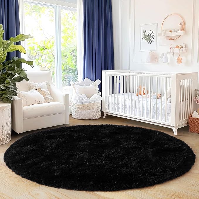 6‘x6’ Black Round Rug for Bedroom, Ultra Soft Fluffy Circle Rug for Kids Girls - Image 2