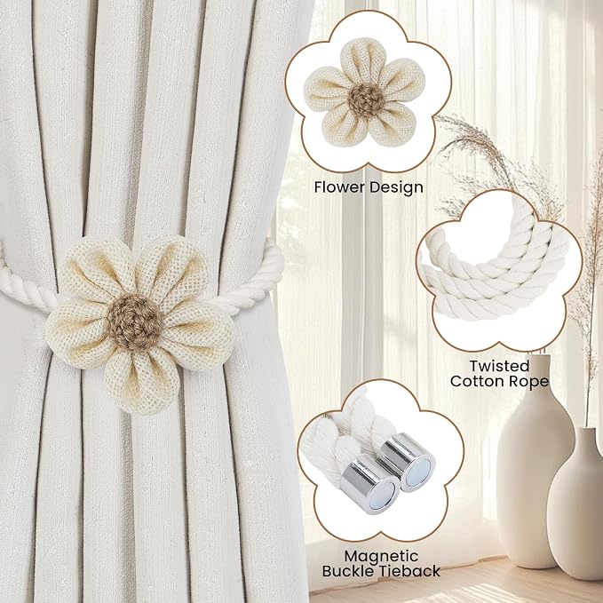 KLOGTSIND Magnetic Curtain Tiebacks, 2 Pack Flower Curtain Holdbacks - Image 3
