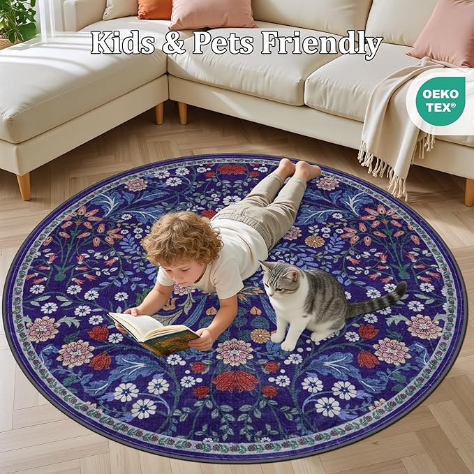 Round Area Rug for Living Room: 6 ft Floral Washable Circle Rug Soft Boho - Image 8