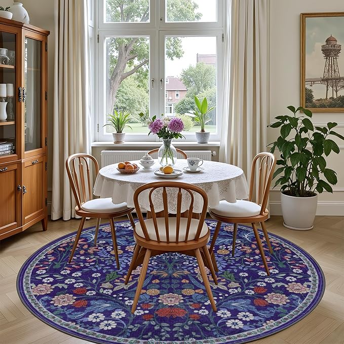 Round Area Rug for Living Room: 4 ft Floral Washable Circle Rug Soft Boho - Image 4