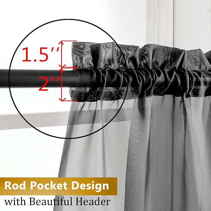 Aiyufeng Black Curtains 36 inches Long 2 Panels, Short Cafe Sheer Tiers - Image 3