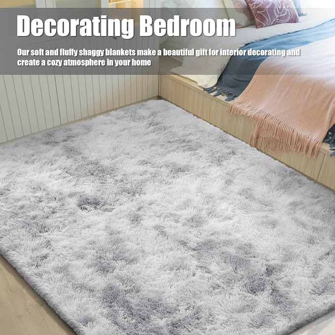 Shag Area Rug for Bedroom 5x8, Tie-Dyed Grey Fluffy Area Rugs for Living Room - Image 6