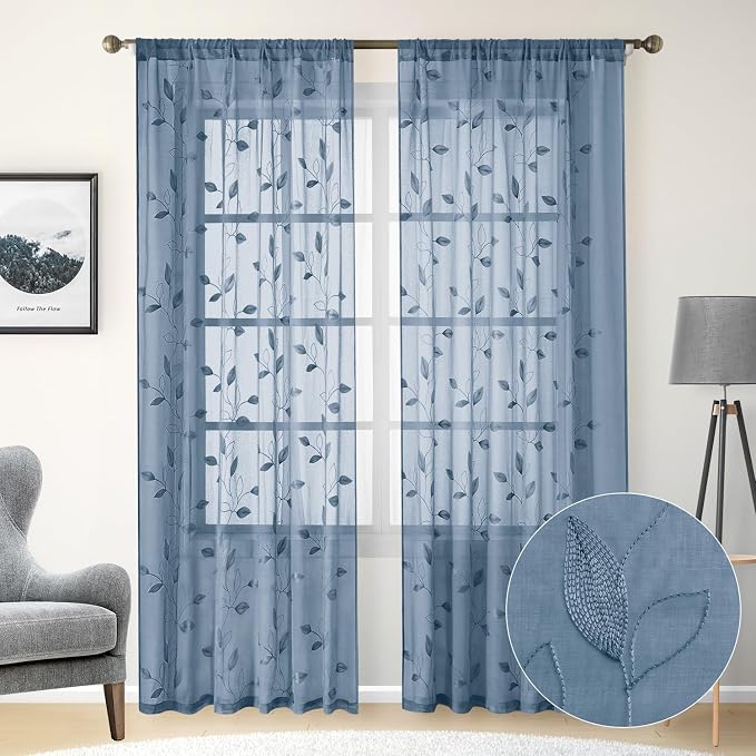 HOMEIDEAS Stone Blue Floral Sheer Curtains 96 Inches Long 2 Panels Embroidered - Image 2