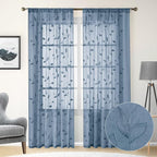 HOMEIDEAS Stone Blue Floral Sheer Curtains 96 Inches Long 2 Panels Embroidered - Image 2