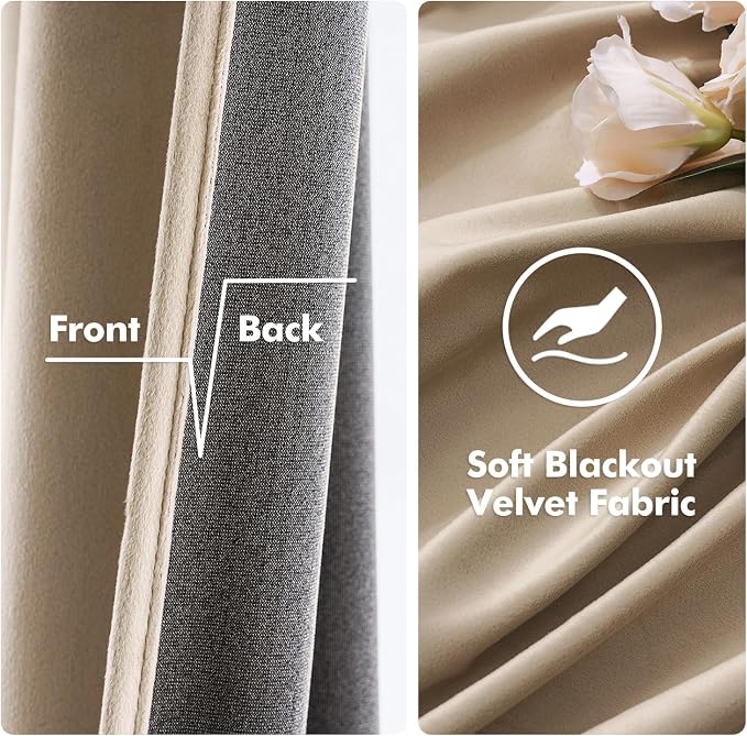 MIULEE 2 Panels Blackout Velvet Curtains Solid Soft Grommet Camel Beige - Image 3