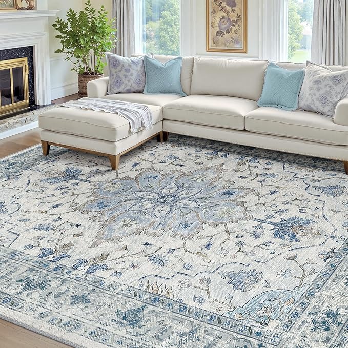 Area Rugs 7'x10' Washable Non-Slip, Floral Vintage Distress Print Pattern by RELEANY