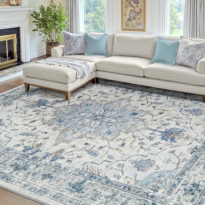 Area Rugs 7'x9' Washable Non-Slip, Floral Vintage Distress Print Pattern - Image 2