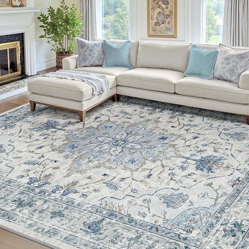Area Rugs 7'x9' Washable Non-Slip, Floral Vintage Distress Print Pattern - Image 2