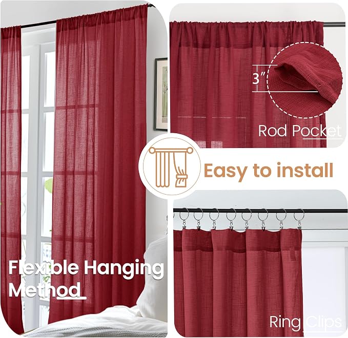 BGment Burgundy Linen Curtains 63 Inches Long - Image 6