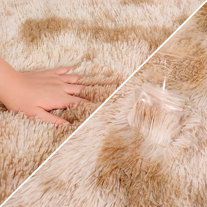 Super Soft Fluffy Living Room Area Rugs 2x10 ft Tie-Dyed Beige Shaggy Furry - Image 6