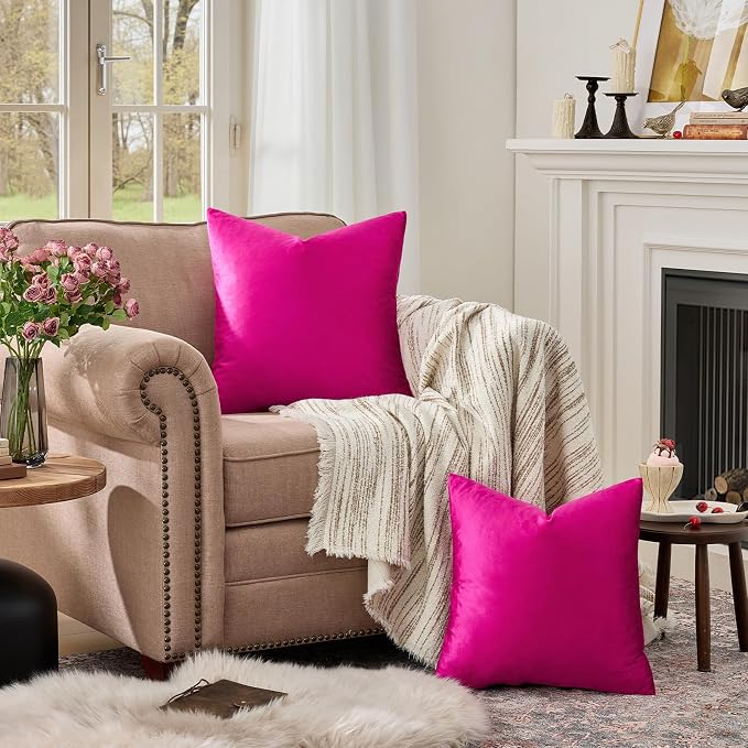 GIGIZAZA Throw Pillow Covers 22x22 Inch Hot Pink Velvet Pillows Decorative - Image 3