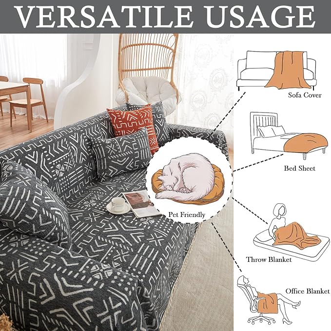 HANDONTIME Black White Boho Sofa Cover Boho Geometric Couch Covers Tassel - Image 6