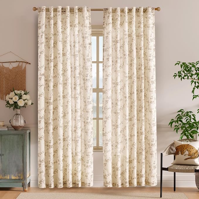Lazzzy 90 Inch Curtain for Living Room Taupe Floral Drapes Linen for Bedroom - Image 2