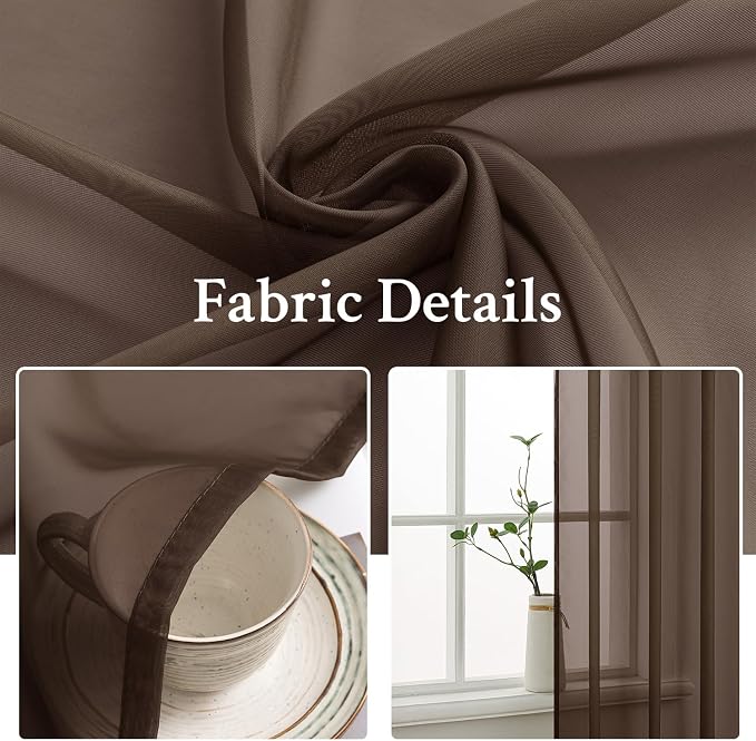 MIULEE Chocolate Brown Sheer Curtains 96 Inches Long 2 Panels, Light Filtering - Image 3
