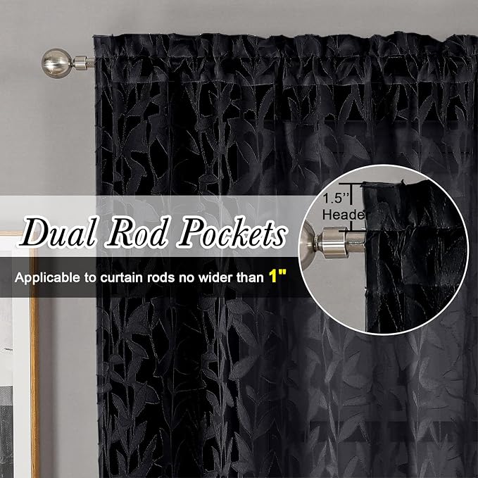 Lecloud Leia Jacquard Textured Leaf Sheer Black Curtains 84 Inches Long 2 Panels - Image 2