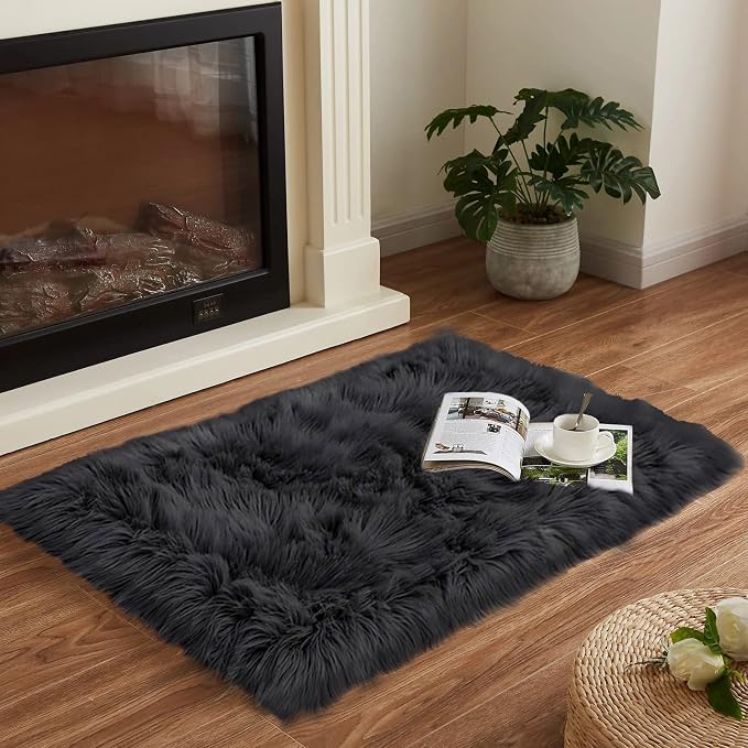 Goolela Black Fluffy Faux Fur Rug 2x3 Black Fuzzy Furry Sheepskin Rug Small - Image 2