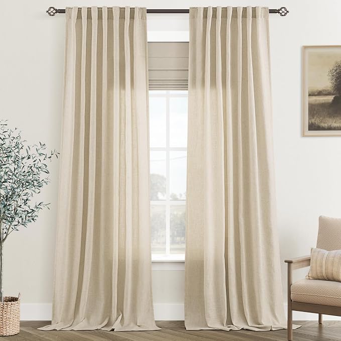 Greyish Beige Linen Curtain 96 inch Length 2 Panels Set Back Tab Light by Jolilight