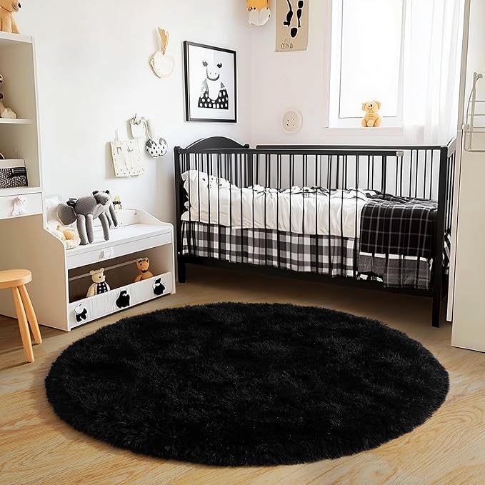 3'x3' Black Round Rug for Bedroom, Ultra Soft Fluffy Circle Rug for Kids Girls - Image 3