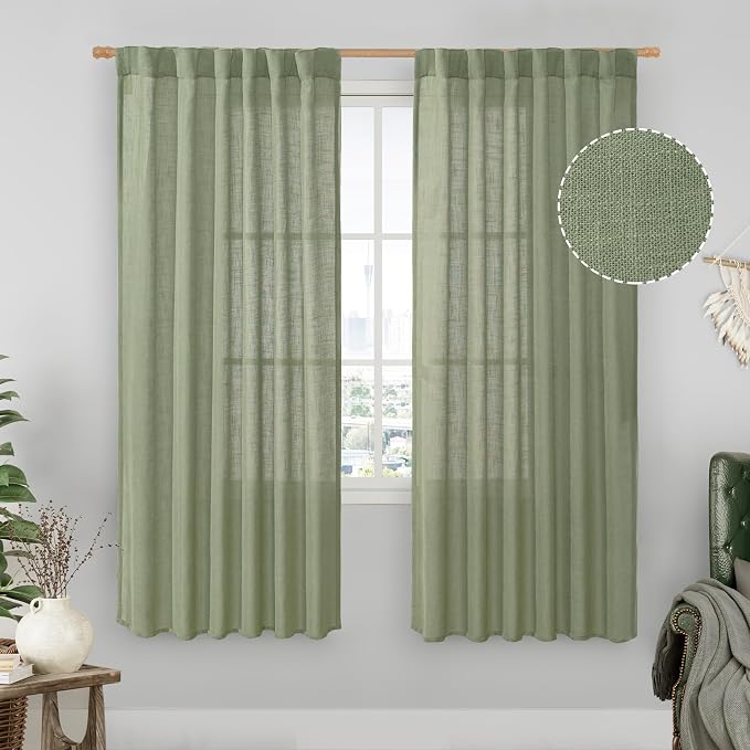 LAMIT Sage Green Light Filtering Linen Curtains 68 inches Long by LAMIT