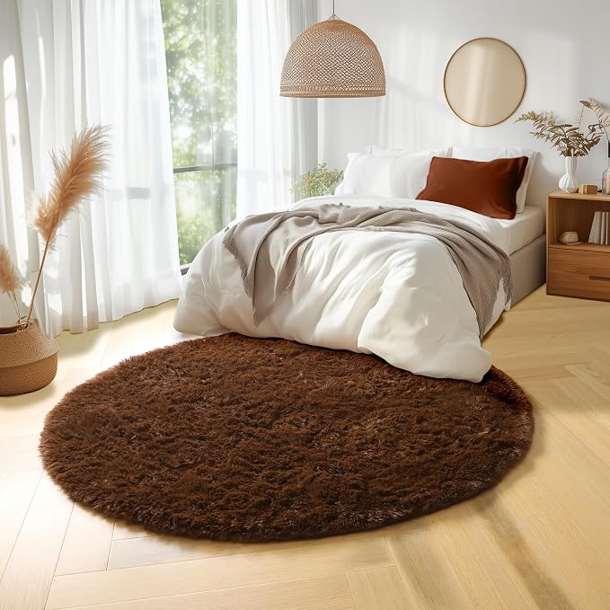Amdrebio Dark Brown Rug 4Ft for Bedroom, Round Fluffy Shag Plush Area Rugs for - Image 3