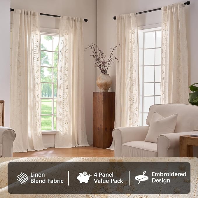 jinchan Belrose 4 Panel Curtains Set 90 Inch Length Floral Curtains Linen Blend - Image 2