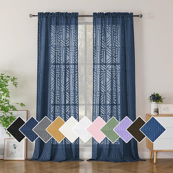 Simplebrand Navy Blue Semi Sheer Curtains 96 Inches Long 2 Panels, Light by Simplebrand