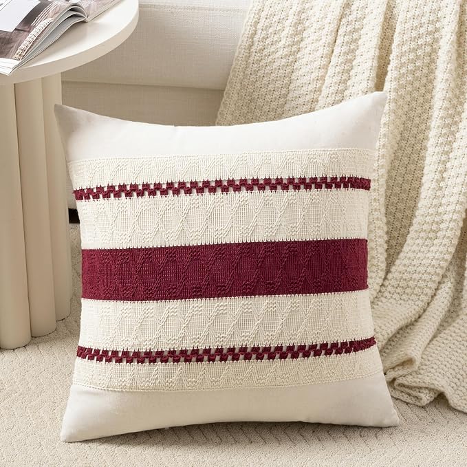 Fancy Homi Set of 1 Burgundy Boho Decorative Throw Pillow Covers 16x16 Inch by Fancy+Homi