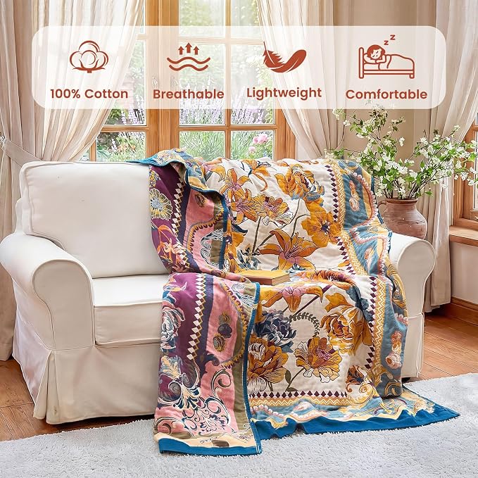 MSGKV Boho Throw Blanket 90"x90" Bed Floral 100% Cotton Blanket Spring - Image 2