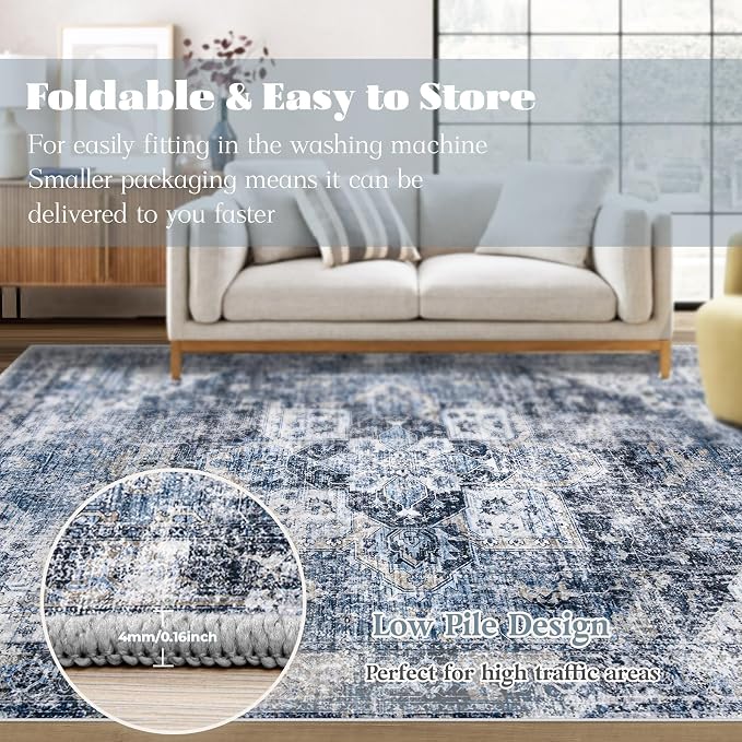 Area Rug 6x9 Washable Rug, Vintage Boho Medallion Rugs Non-Slip Soft Low Pile - Image 7