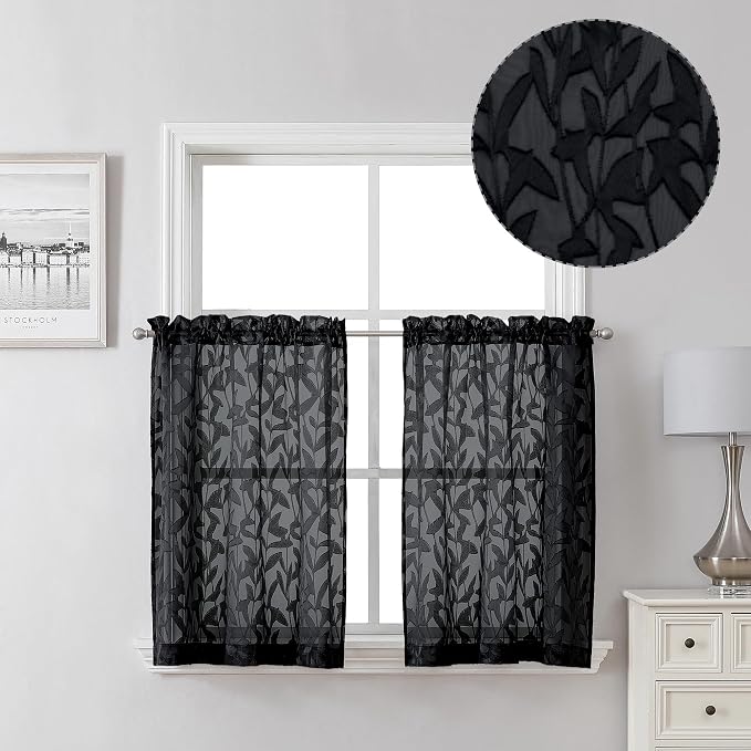 Lecloud Leia Black Sheer Curtains 30 Inch Length 2 Pieces, Breathable Jacquard by Lecloud