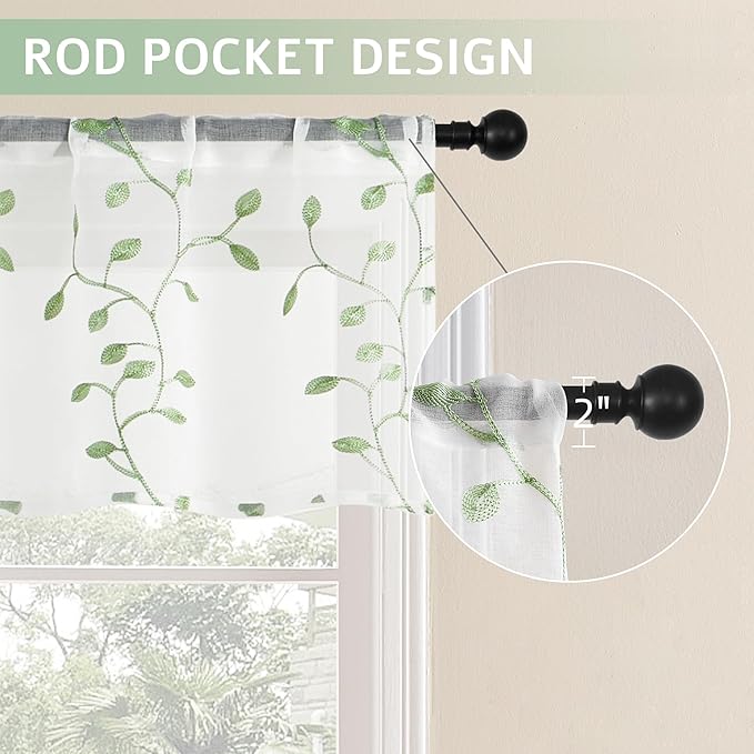 MRTREES Sheer Voile Curtain Valances 2 Panels, Sage Green Leaves Embroidered - Image 2