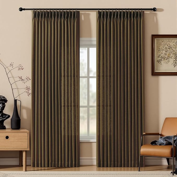 90 Inch Linen Pleated Curtains for Living Room, Light Filtering Pinch Pleated by IVAPUPU