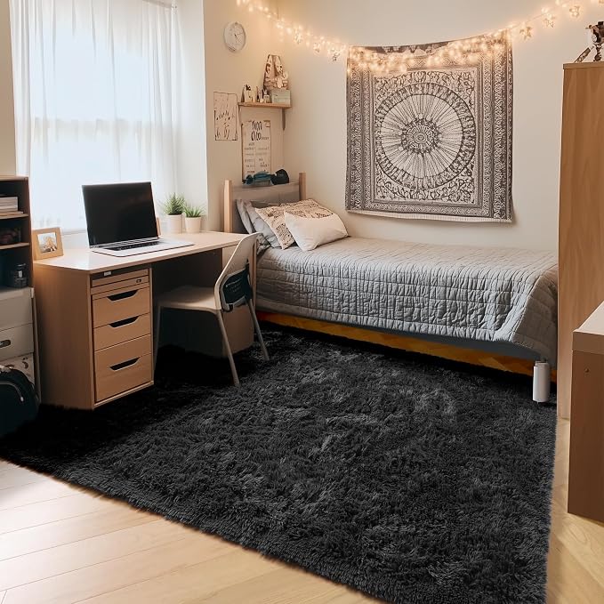 ONASAR Black Area Rugs for Bedroom Living Room, Fluffy Fuzzy Shaggy 4x6 Bedside - Image 4