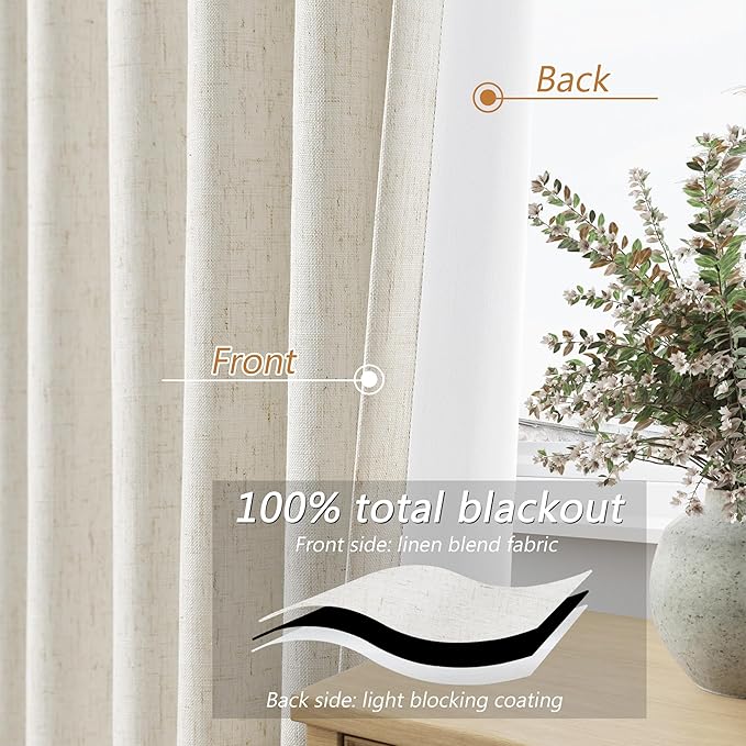 Guken Cream 100% Blackout Linen Curtains 72 Inch Length 2 Panels Set - Image 3