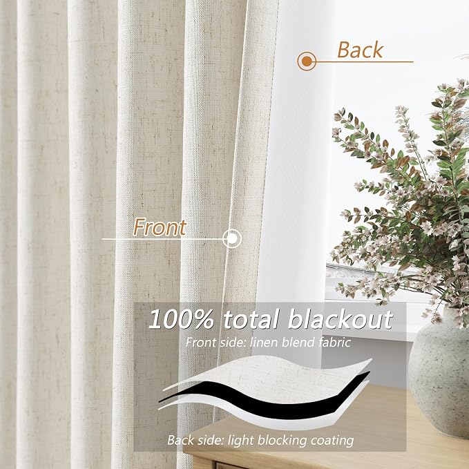 Cream 100% Blackout Linen Curtains 63 Inch Length 2 Panels Set - Image 3