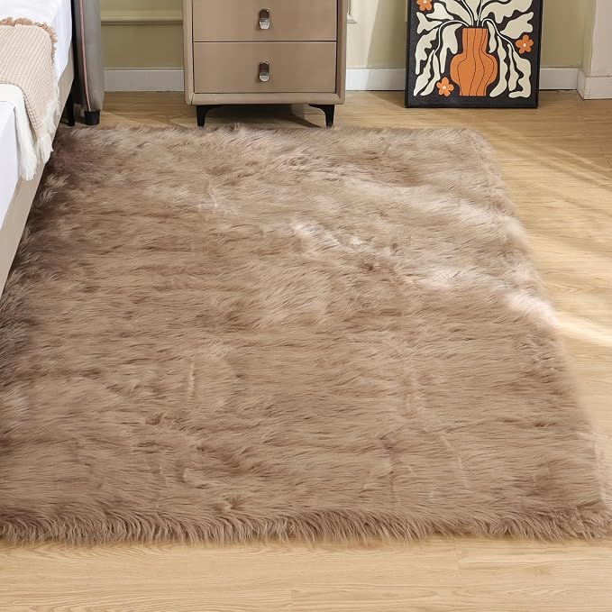 ORINOVA Faux Sheepskin Beige 3x5 Fluffy Fur Washable Area Rugs - Image 2