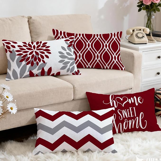 Hexagram Geometric Burgundy Pillow Covers 12x20 Set of 4, Decorative Outdoor - Image 5
