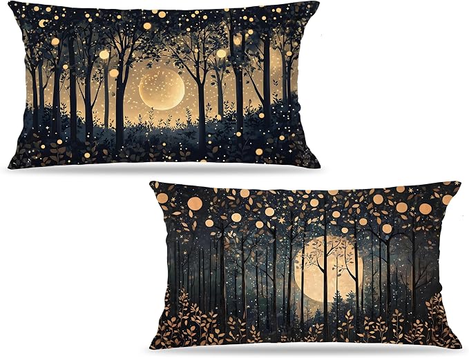Rustic William Morris Inspired Gold Moon Pillow Covers 12x20 Set of 2, Vintage by Unknown
