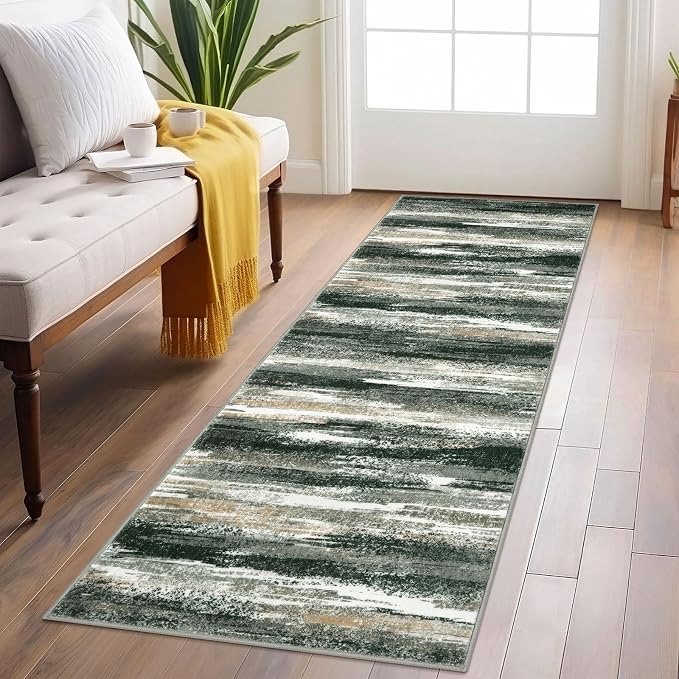 Lansny Modern Abstract Runner Rug 2x6, Forest Green Washable Kitchen Runner by lansny