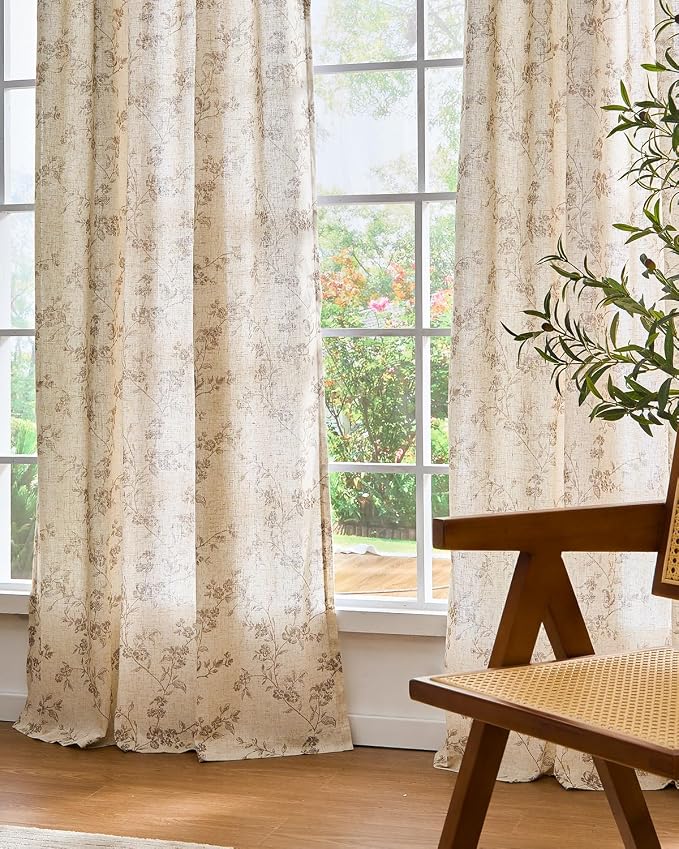 Lazzzy Farmhouse Linen Curtains Extra Long Taupe Floral Curtains 108 Inch - Image 8