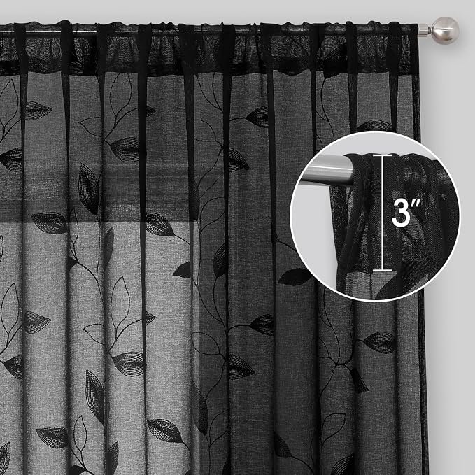 HOMEIDEAS Black Sheer Curtains 52 X 63 Inches Length 2 Panels Black Embroidered - Image 4